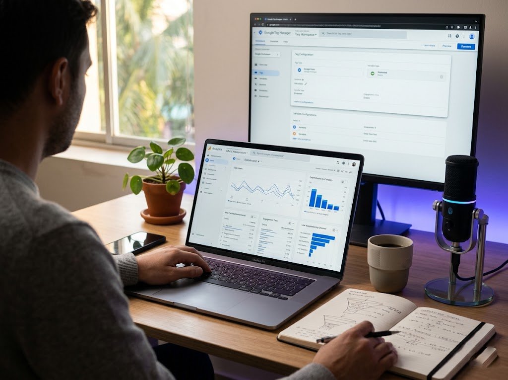 Analytics specialist reviewing GA4 and Google Tag Manager setup